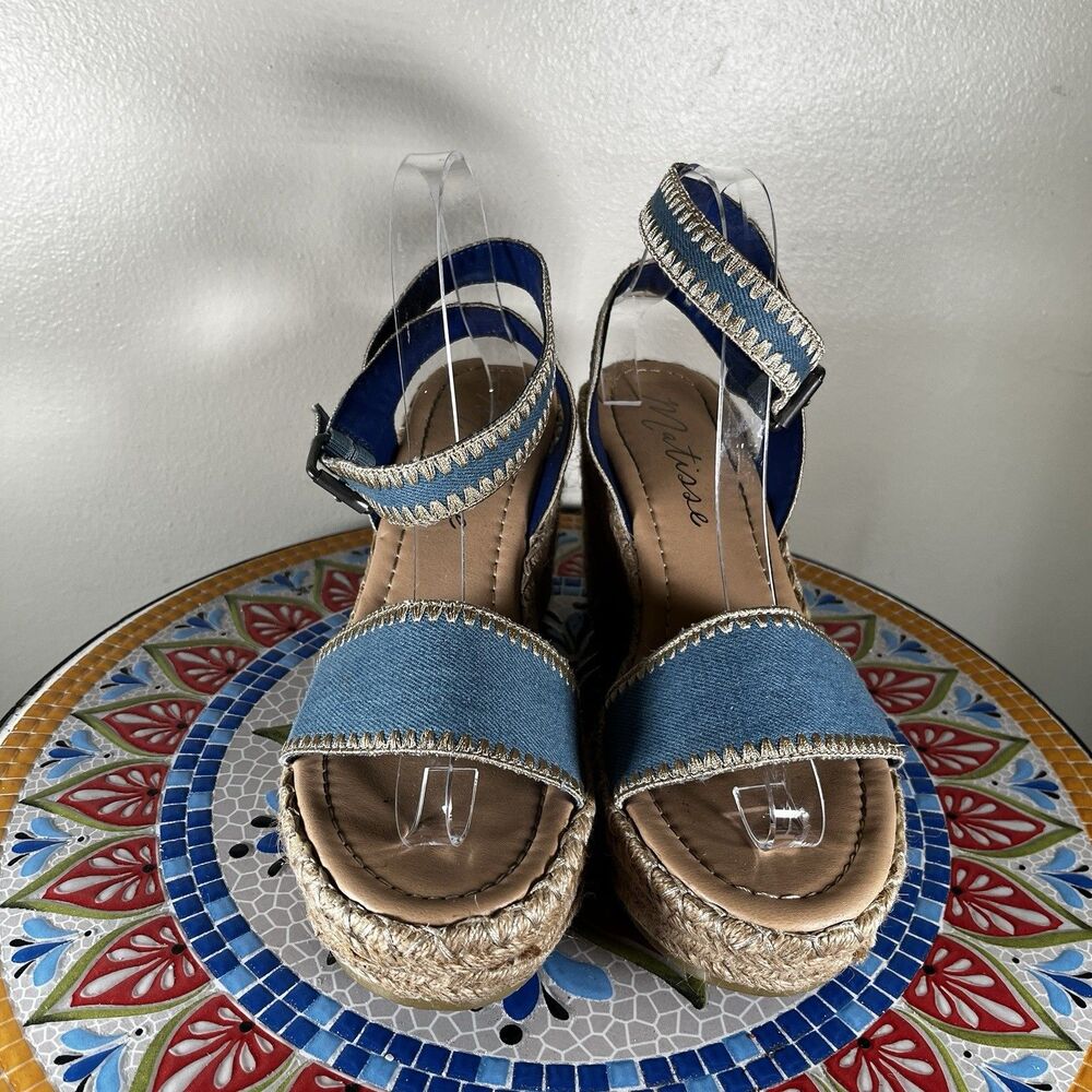 Matisse Womens Sz 9.5 Blue Jean Denim Embroidered Trim Wedge Sandals MTU-159